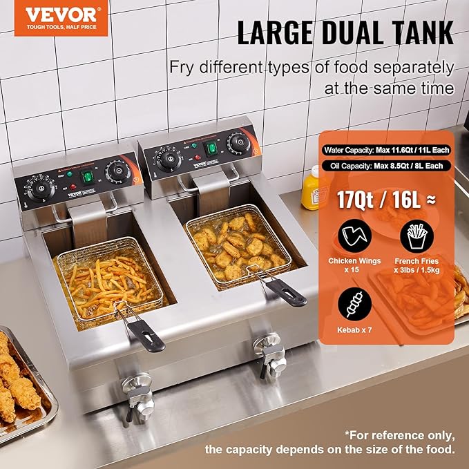 VEVOR Commercial Deep Fryer, Dual Tank 3000W Electric Countertop Fryer with Basket, 2 x 11.6Qt/11L Double Stainless Steel Oil Fryer with Drain, Time & Temp Control, for Kitchen Restaurant Use