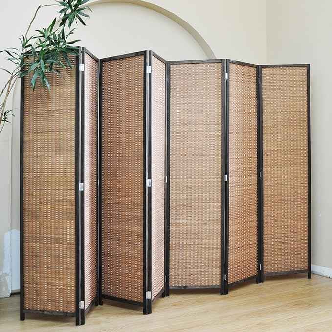 7 Panel Bamboo Room Divider – 5.6 ft Tall Folding Privacy Screen, Natural Brown Freestanding Room Partition Wall (67" H x 107.5" W)