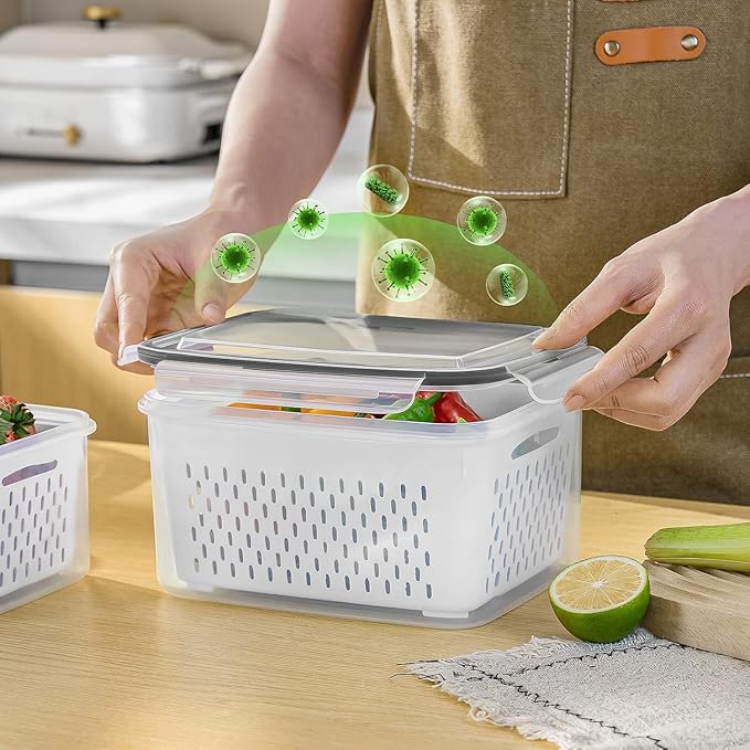 5 PCS Fruit storage Containers for Fridge with Removable Colander and Chopper Set, Leakproof Food Storage Containers with lids, Dishwasher & Microwave Safe Produce Containers to Keep Fruits Fresh ﻿