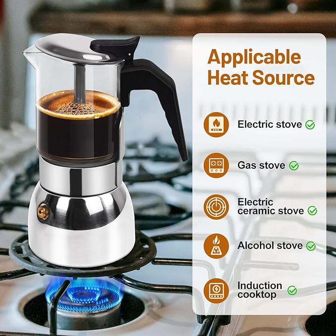 6 Cup Glass Clear Moka Pot Thickened 304 Stainless Steel Stovetop Espresso Maker Italian Coffee Machine 300ml 10.6oz Classic Mocha Cafe Greca Coffee Suitable for Gas Induction