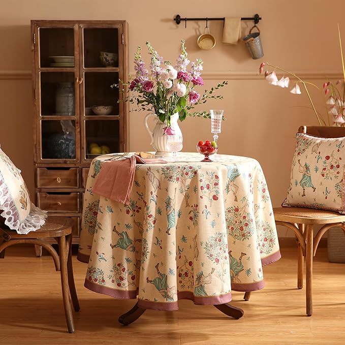 patdrea Designer Linen Beige Round Tablecloth,Vintage Italian Trees Pattern Table Cloth,Decoration Table Cover Cloth for Kitchen Dining Christmas,Tea Party,Thanksgiving,Diameter 67"-Tatiana a