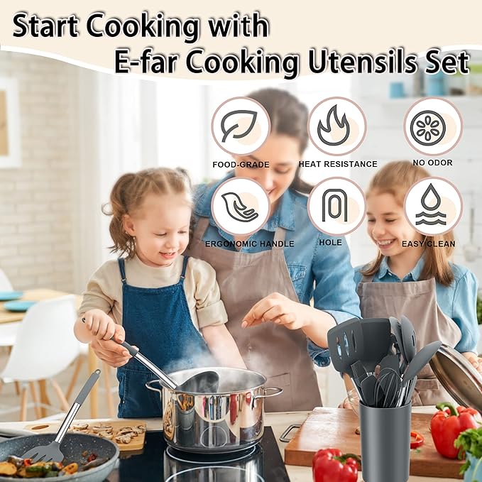 Silicone Cooking Utensils Set, E-far 14-Piece Gray Kitchen Utensils Set with Holder, Kitchen Tools Spatulas with Stainless Steel Handle for Non-stick Cookware, Heat Resistant & Dishwasher safe