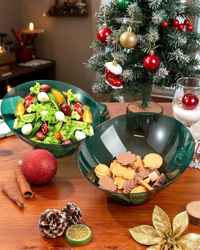 bUCLA 12 Pack Clear Green Plastic Serving Bowls - 54 OZ Christmas Angled Serving Bowls Disposable for Chip, Candy, Salad & Fruit - Ideal for X’mas Party
