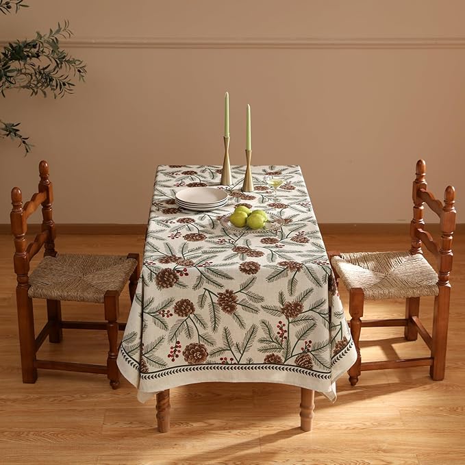 ISAENNE Designer Christmas Beige Linen Small Rectangular Tablecloth,Pinecones Pattern Indoor Tablecloths,Washable Decor Table Cloth for Dining Thanksgiving Kitchen Christmas,55"*71"-Carol B