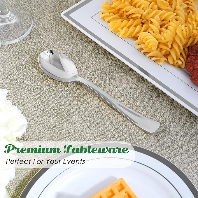 FOCUSLINE 300 Pack 6.8" Disposable Silver Plastic Spoons, Solid and Durable Plastic Cutlery Spoons, Heavy Duty Disposable Utensil Silverware for Catering, Parties, Dinners, Weddings