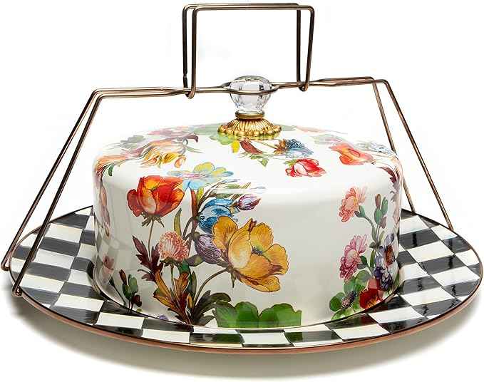 MACKENZIE-CHILDS Cake Carrier, Cake-Dish Serving Platter with Lid and Handles, White Flower Market with Black-and-White Courtly Check