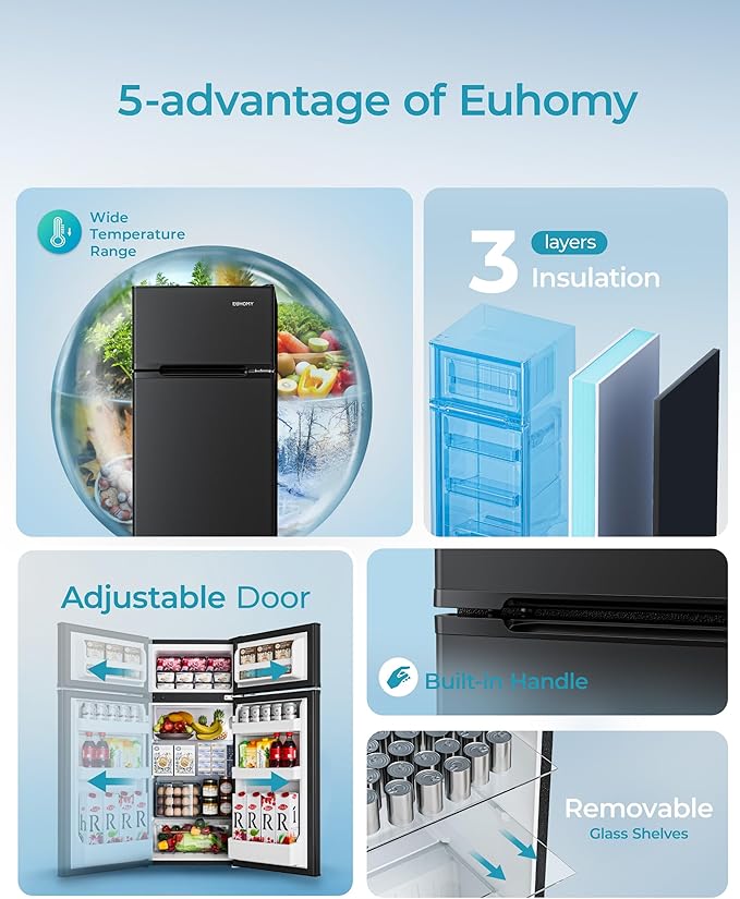 EUHOMY Mini Fridge with Freezer, 4.5 Cu.Ft Mini Refrigerator fridge, 2 door For Bedroom/Dorm/Office/Apartment - Food Storage or Cooling drinks, Black