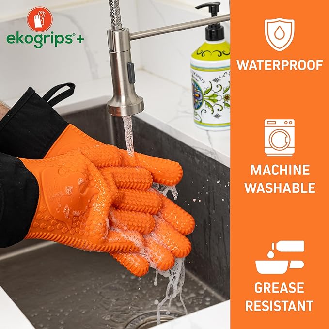 Ekogrips Plus Oven Gloves with Fingers, Comfy Waterproof Silicone Oven Mitts Heat Resistant with Long Cuff, Insulated BBQ Gloves Perfect for Grilling, Baking, Smoker, Canning, Pizza, Red, Hot Mitts