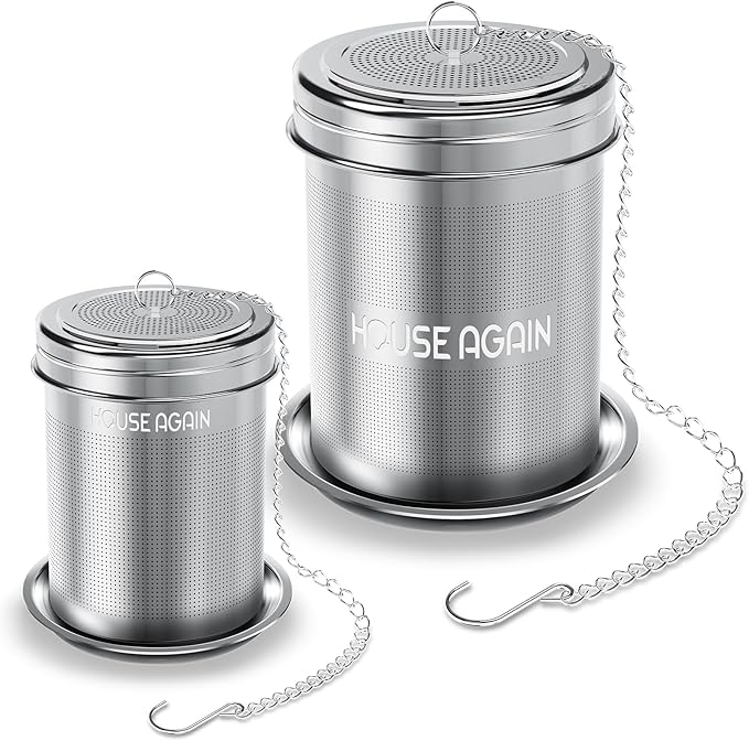 House Again Tea Infuser (2 Pack, Large + Small), Extra Fine Mesh Tea Strainers for Loose Tea, 18/8 Stainless Steel Tea Strainer with Extended Chain Hook, Tea Steeper