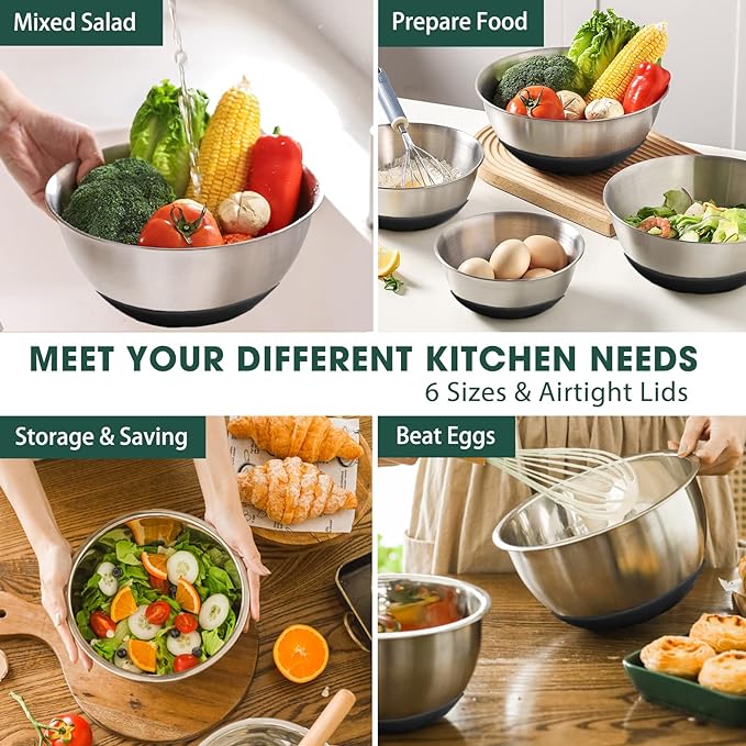 Umite Chef Mixing Bowls with Airtight Lids，6 piece Stainless Steel Metal Nesting Storage Bowls, Non-Slip Bottoms Size 7, 3.5, 2.5, 2.0,1.5, 1QT, Great for Mixing & Serving(Black)