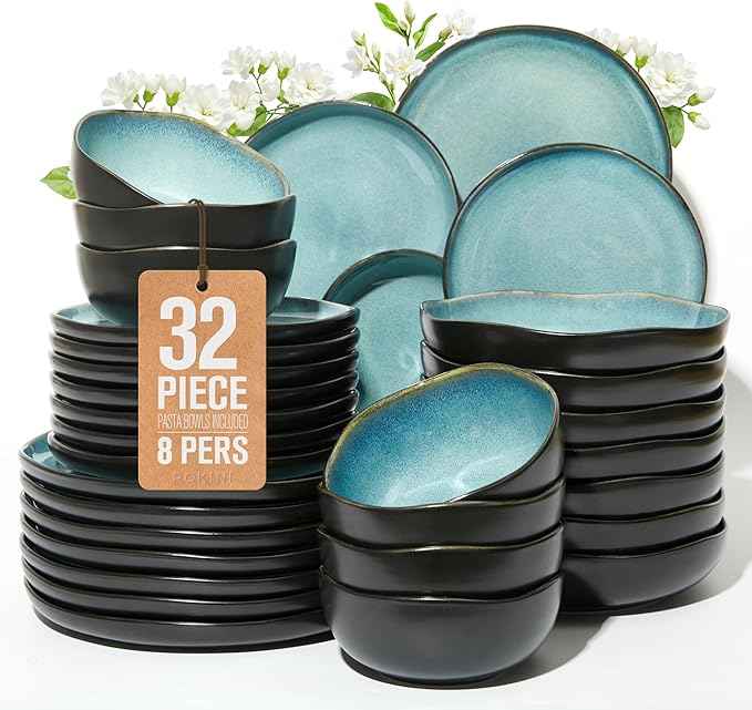 32 Piece Dinnerware Set for 8 with Pasta Bowls, Green Black Reactive Glaze Stoneware | All‑in‑One Host Set for Entertaining, Holiday Meals, Multi‑Course Dinners | Unique Irregular Coastal Look