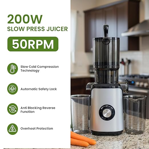 Simple Deluxe Cold Press Juicer, Slow Masticating Juicer Machines with Wide Feed Chute, Fits Whole Fruits and Vegetables, High Juice Yield, BPA Free, Easy to Clean, Silver