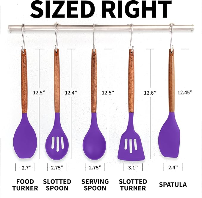 Zulay Kitchen Non-Stick Cooking Utensils Set with Authentic Acacia Wood Handles – 5-Piece Durable & Stylish Silicone Kitchen Utensils Set – Heat Resistant to 464°F – Purple