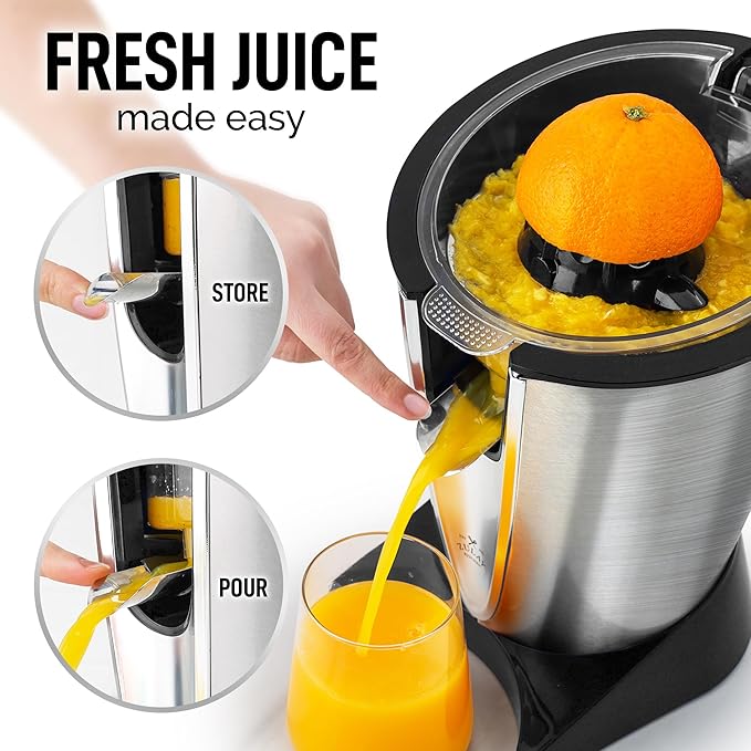 Zulay Electric Citrus Juicer - Makes Fresh Orange, Lemon, Grapefruit, Lime Juice - Stainless Steel, 160W Powerful & Quiet, Interchangeable Cones -Filters Out Seeds & Pulp- Dishwasher Safe Parts- Black