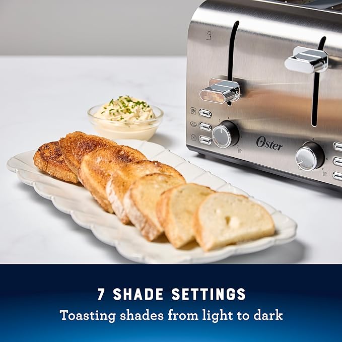 Oster 4 Slice Toaster, With 7 Browning Settings, Extra Wide Slots For Bagels and Special Breads, Removable Easy-to-Clean Crumb Tray, Cancel/Defrost/Bagel, Stainless Steel
