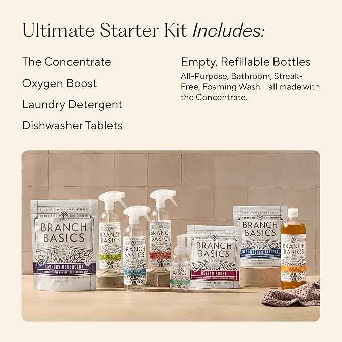 Branch Basics Ultimate Starter Kit: Natural All Purpose Cleaner, Glass, Bathroom, Foaming Hand Wash (4 Plastic Bottles + Concentrate + Oxygen Boost), Laundry Detergent, Plastic-Free Dishwasher Tablets