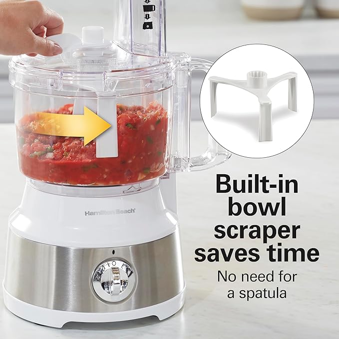 Hamilton Beach Food Processor & Vegetable Chopper for Slicing, Shredding, Mincing, and Puree, 10 Cups + Easy Clean Bowl Scraper, White and Stainless Steel (70733)