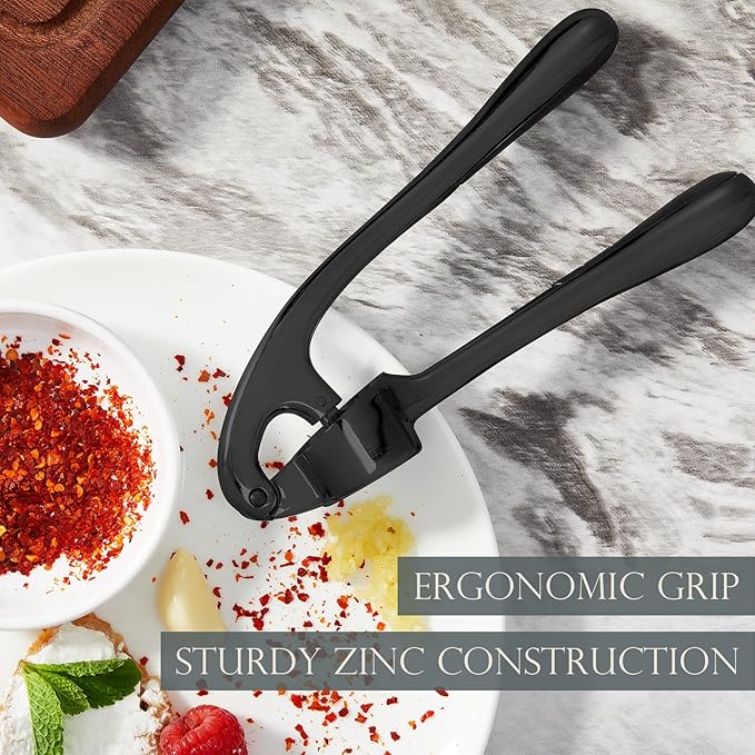 Premium Garlic Press, Professional Garlic Mincer, Easy to Squeeze and Clean, Rust Proof & Dishwasher Safe, Efficient Ginger Crusher - Black