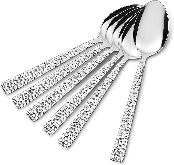 Hammered Dinner Spoons Set of 6, E-far 7.9 Inch Stainless Steel Soup Spoons Tablespoons for Home, Kitchen or Restaurant, Non-toxic & Mirror Polished, Squared Edge & Dishwasher Safe