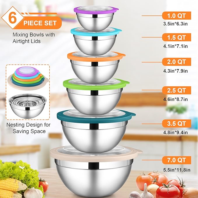 LIANYU Mixing Bowls with Visible Lid Sets of 6, Stainless Steel Metal Salad Nesting Bowls, Large & Small 7, 3.5, 2.5, 2, 1.5, 1QT Size For Kitchen, Baking, Storage, Food Prepping, Serving, Multi-Color