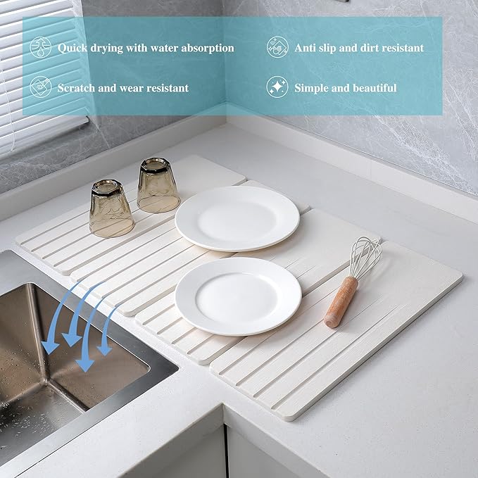 Extral Large Quick Dry Stone Drying Mat for Kitchen Counter,28x16 Inch Collapsible Eco-Friendly Absorbent Diatomaceous Earth Mat for Dishes Cups (White-Upgraded Version, 16x12 inch)