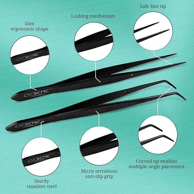 O'Creme Black Stainless Steel Precision Kitchen Culinary Fine-Tip Tweezer Tongs, 1 Curved and 1 Straight