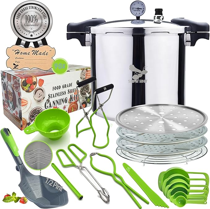 Supa Ant Pressure Canner 23 Qt with Canning Supplies Starter Kit - Canning Pressure Cooker with Gauge - Water Bath Canner Pot with Rack and Lid - Jar Lifter, XL Ladle, Jar Tongs, and Bubble Popper