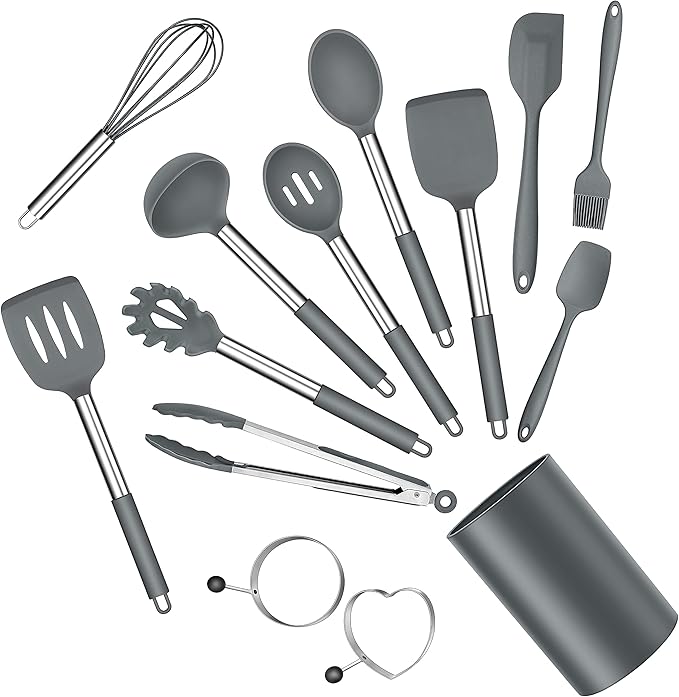 Silicone Cooking Utensils Set, E-far 14-Piece Gray Kitchen Utensils Set with Holder, Kitchen Tools Spatulas with Stainless Steel Handle for Non-stick Cookware, Heat Resistant & Dishwasher safe