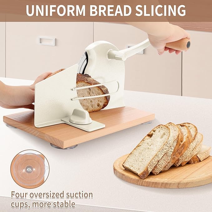 CAWIU Manual Bread Slicer with Hand Crank- Adjustable Thickness Bread Cutter for Even Slices, Perfect for Homemade Sourdough, Sandwich, and More, Cream
