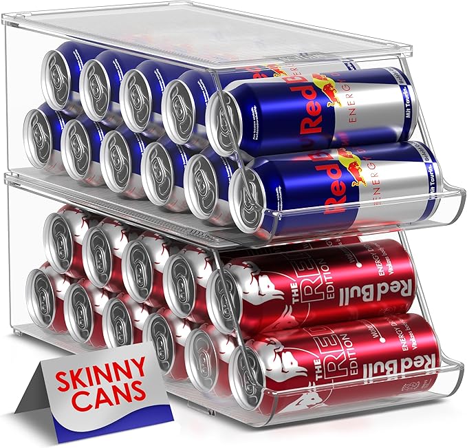 Sorbus Skinny Soda Can Organizer for Refrigerator - Stackable Slim Can Holder Dispenser with Lid for Fridge, Pantry, Freezer - BPA-Free, Clear Design, Drink Organizer for Fridge (2-Pack)