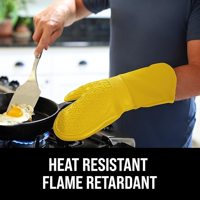 BPA-Free Soft Silicone Oven Mitts - Ultra Heat Resistant Oven Mitts with Thick Cotton Liner - Long Slip Resistant Pot Holders, Flexible Oven Gloves - Yellow 13.7"