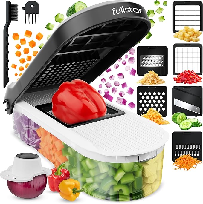 Fullstar Mandoline Slicer for Kitchen - Vegetable Chopper, Onion Potato Food Veggie Fruit Slicer and Cutter with Container, Kitchen Gadgets & Gifts, Home Essentials (6-in-1, White/Black)
