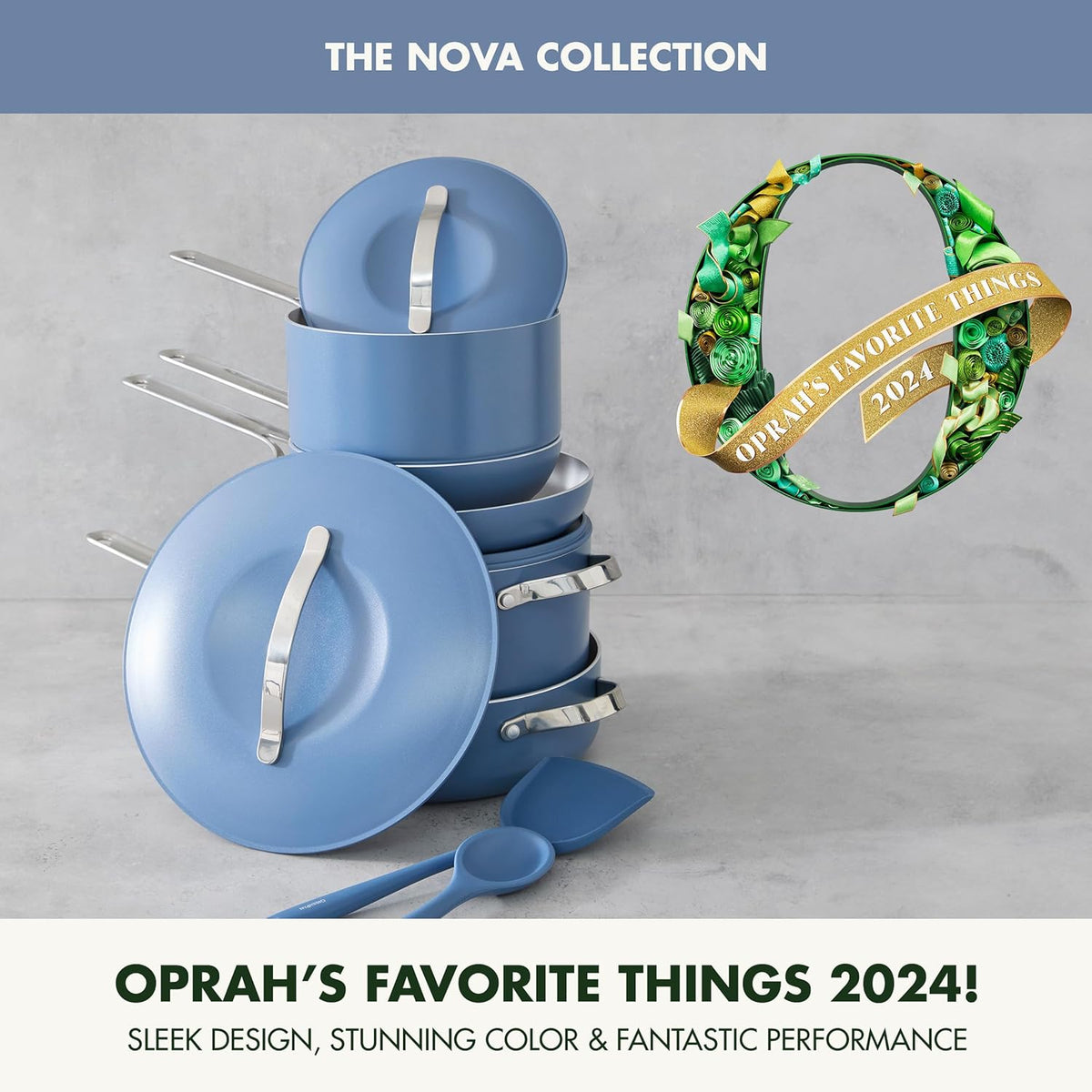 GreenPan Nova 10-Piece Cookware Pots & Pans Set, Oprah’s Favorite Things 2024, PFAS-Free Ceramic Nonstick, Fry, Sauté, Stockpot, Utensils, Lids, Induction Suitable, Dishwasher & Oven Safe, Ocean Blue