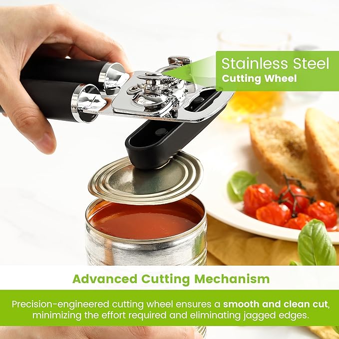 Spring Chef Stainless Steel Can Opener - Manual with Soft Grip Handles, Easy Turn, Heavy Duty Hand Can Openers for Seniors with Smooth Edge - Magnetic Lid Remover - Black