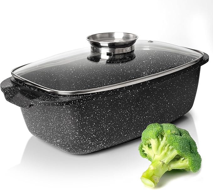 Moss & Stone 6 Quart Oval Roaster Pot with Lid, 12"x8.3" Die Cast Aluminum Chicken Roaster, Induction, Gas & Ceramic Cooktop Compatible, Hard Anodized Nonstick Roasting Pan With Lid, Oven Safe