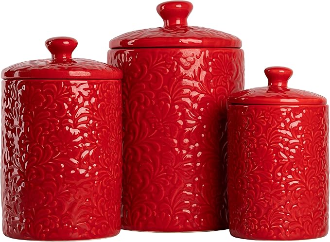10 Strawberry Street Kitchen Canister Set, Fleur Red, 3 count (Pack of 1)
