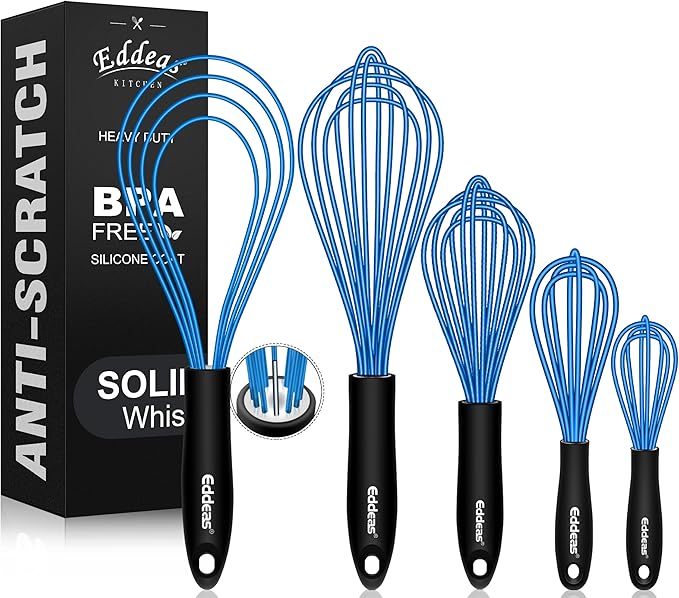 Silicone Whisk, Non Scratch Whisk for Cooking, 5+7+9+11in Balloon Whisks, Suitable for Mixing, Blending. 11in Flat Whisks great for Ceramic Coated pans and Wider shallower pots. (Blue)