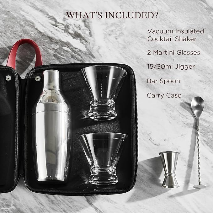 KITESSENSU Cocktail Shaker Set with Carry Case: Vacuum Insulated Martini Shaker with Built-in Strainer, 2 Martini Glasses, Measuring Jigger, Bar Mixing Spoon & Cocktail Recipes, Travel Bar Tool Set