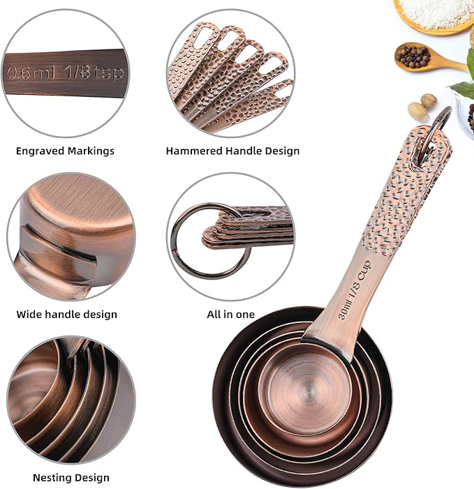 Smithcraft Copper Measuring Cups and Spoons Set, Stainless Steel Measuring Cups Spoons, Metal Metric & US 8 Measure Cup, 9 Kicthen Measure Spoons & Leveler for Baking & Kitchen