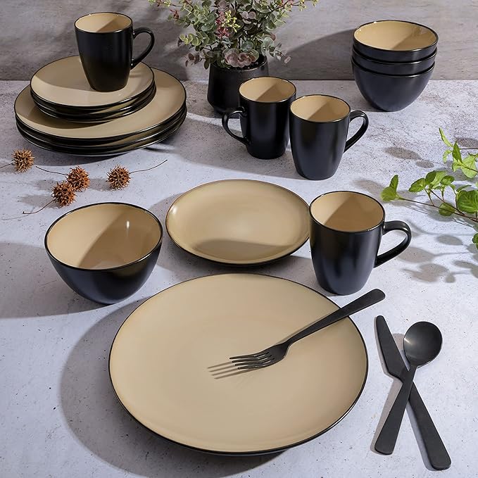 Gibson Elite Soho Lounge 16-Piece Round Reactive Glaze Stoneware Dinnerware Set, Service for 4 – Taupe Plates and Bowls