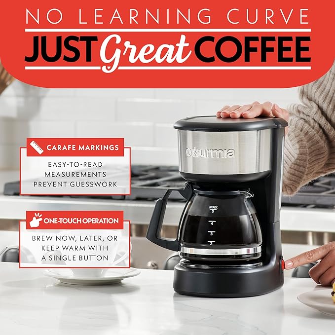 Gourmia Coffee Maker – 5 Cup, One-Touch Brew, Pause & Serve, Automatic Keep Warm, Stainless Steel Accents, Black
