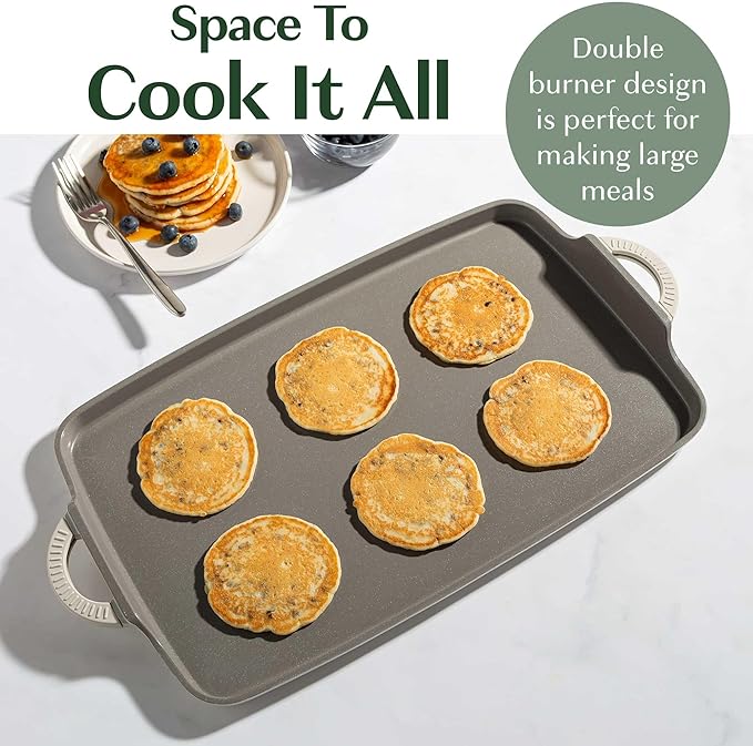 Goodful All-in-One Double Burner Griddle, Ceramic Nonstick, Durable Cast Aluminum, Oven Safe and Dishwasher Safe, Made without PFAS, PFOA, PFOS & PTFE, 18-Inch x 11-Inch, Linen