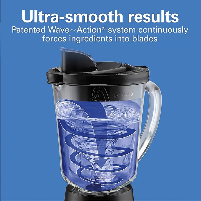 Hamilton Beach Wave Action Blender for Smoothies, Stainless Steel Ice Sabre Blades, 40oz Glass Jar, 800 Watts, Quiet Design, Black (58175)
