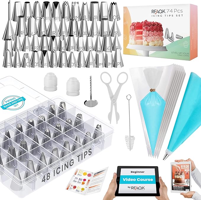 RFAQK 74 PCs Icing Piping Bags and Tips Set, Cake Decorating Kit with 48-Numbered Piping Tips, Anti Burst Pastry Bags for Cookie Cupcake Cake Decoration, Cake Decorating Tips Set with Booklet & E-book