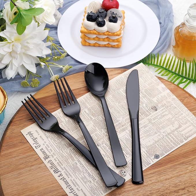 EI 360pcs Black Plastic Silverware,Disposable Cutlery,Plastic Silverware Heavy Duty,Plastic Spoons and Forks include 120pcs Forks,120pcs Spoons and 120pcs Knives,for Holiday, Birthday, Party