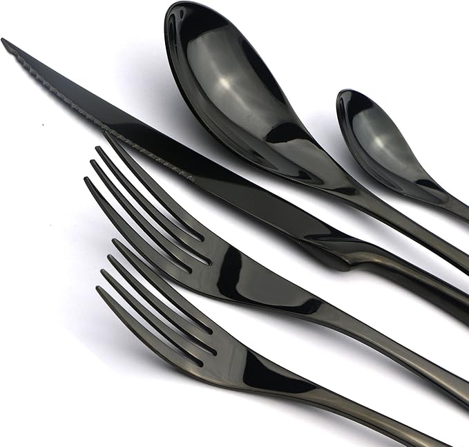 20-Piece 18/10 Stainless Steel Serrated Steak Knife Flatware Set, Mirror Polishing Black, Service for 4