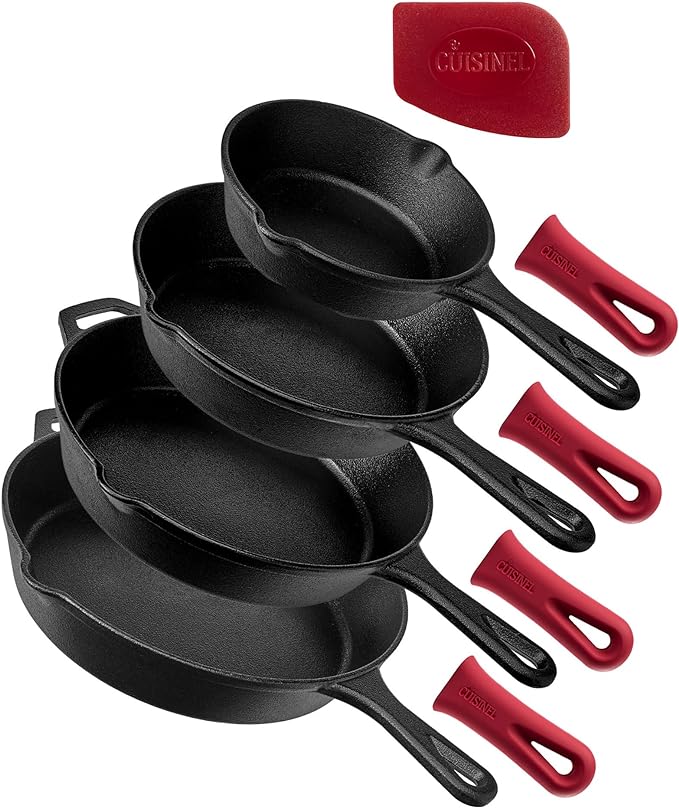 Cuisinel Cast Iron Skillets Set - 4-Piece Chef Pans Kit - 6" + 8" + 10" + 12"-Inch + 4 Silicone Grip Handle Holders - Pre-Seasoned Oven Cookware - Use Indoor/Outdoor, Grill, Stovetop, BBQ, Firepit