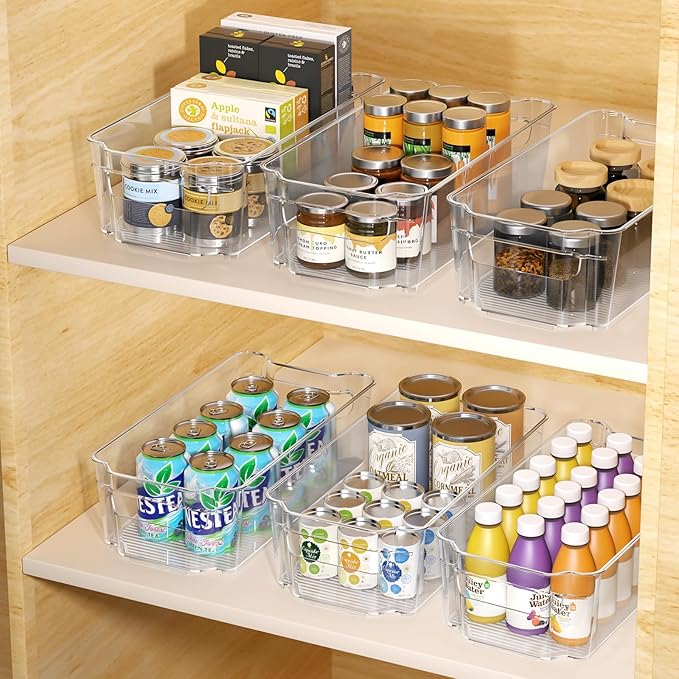 Clear Fridge Organizer, Refrigerator Organizer Bins with Handle, Freezer, Kitchen Cabinet, Pantry Organization, BPA Free Fridge Organizers (12.4 inch 4 Pack)