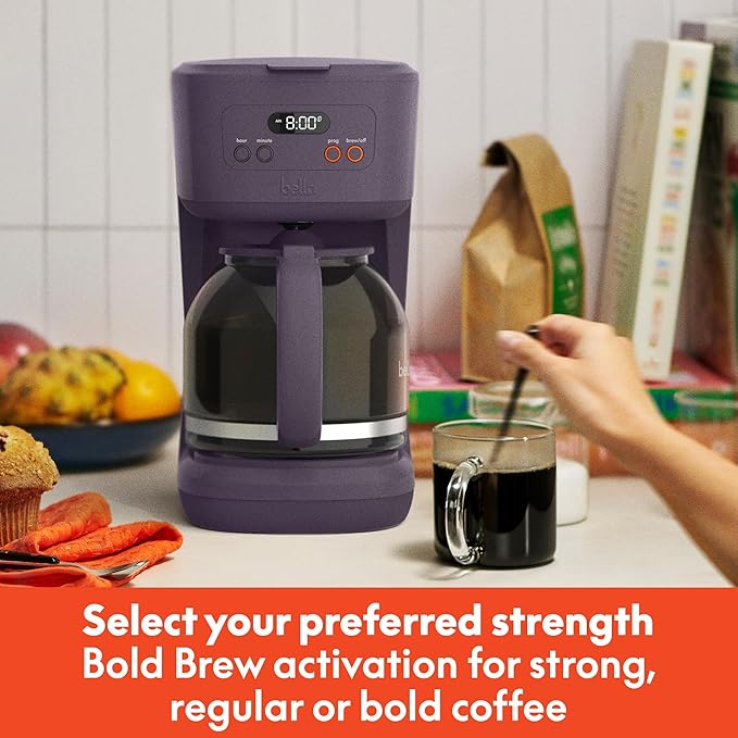 bella 12 Cup Programmable Coffee Marker, Reusable Dishwasher Safe Accessories, Easy LCD diaply, Auto Shutoff, 900 watt, Plum