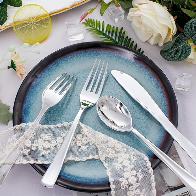 WDF 500PCS Silver Plastic Silverware - Plastic Silver Utensils - 250 Forks, 125 Spoons, 125 Knives, Heavy Duty Disposable Silverware Sets for Parties, Wedding, Christmas